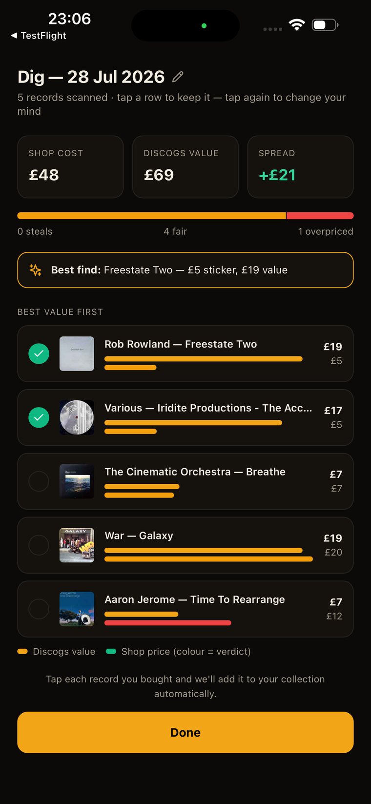 Wax Vault dig session comparing shop cost against Discogs value